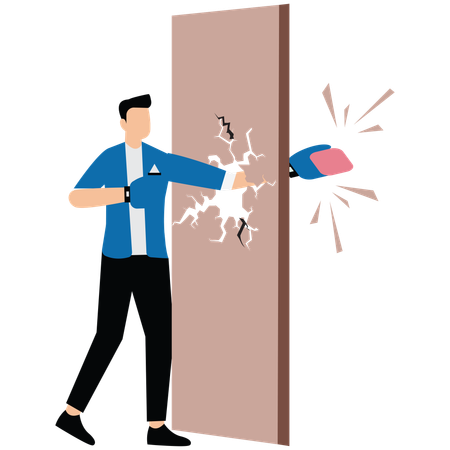 Businessman punches hole in wall  Illustration