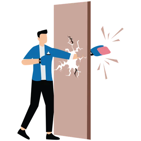 Businessman punches hole in wall  Illustration