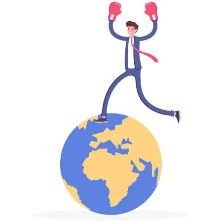 Businessman Punching With Boxing Gloves Standing On Top Of The World Vector Illustration Cartoon Illustration