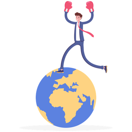 Businessman punching with boxing gloves standing on top of the world  イラスト