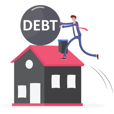 Businessman Push Big Debt Ball Out Off House Illustration Vector Cartoon Illustration