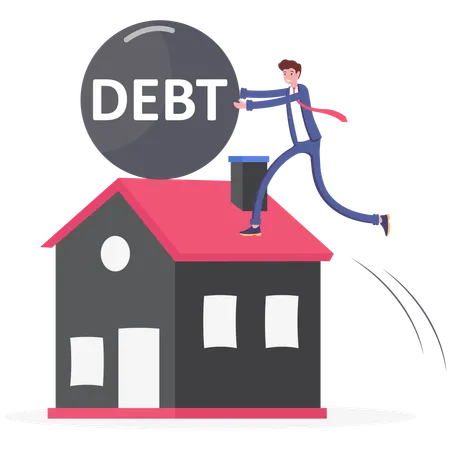 Businessman push big debt ball out off house  Illustration