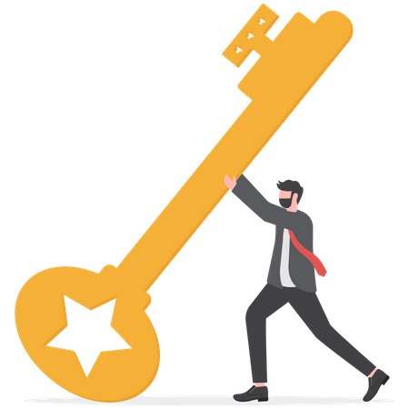 Businessman push big golden key with full effort to solve problem  Illustration