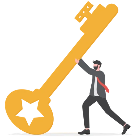 Businessman push big golden key with full effort to solve problem  Illustration