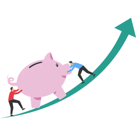 Businessman push big piggy bank up rising graph  Illustration