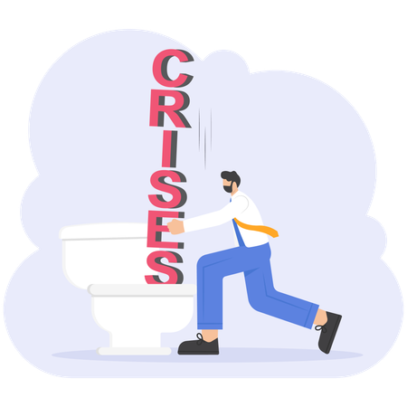 Businessman push button word crises down toilet  Illustration