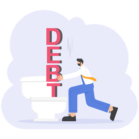 Businessman push button word debt down toilet  Illustration