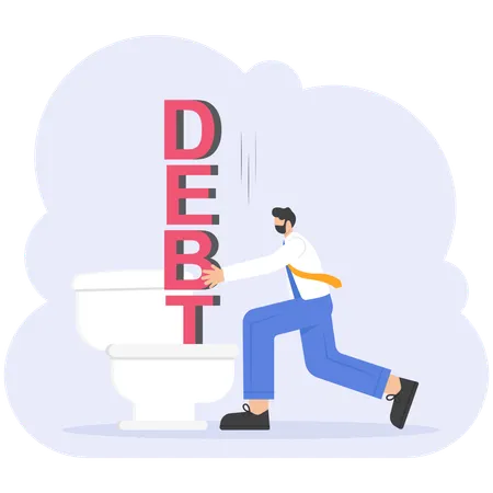 Businessman push button word debt down toilet  Illustration