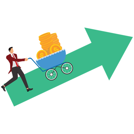 Businessman push cart full of gold coins  Illustration