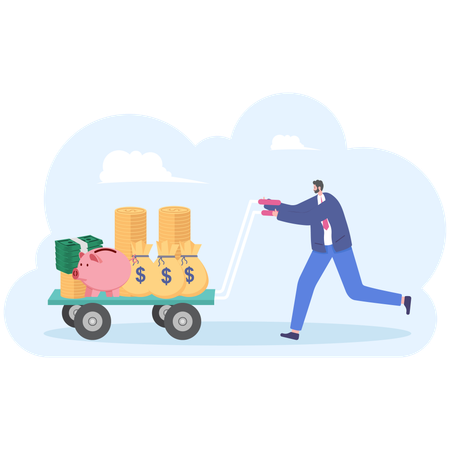 Businessman push cart full of money bag  Illustration