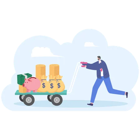 Businessman push cart full of money bag  Illustration