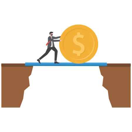 Businessman Push Coin Dollar Cross The Mountain Business Concept Challenge And Obstacle Illustration