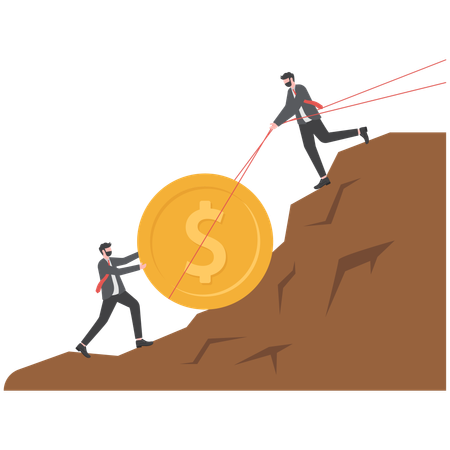 Businessman push dollar coin uphill on the mountain to the goal  Illustration