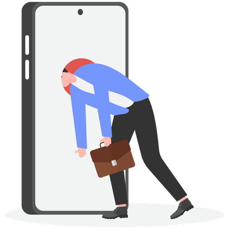 Businessman push his head into smartphone  Illustration