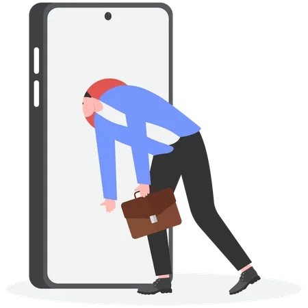 Businessman push his head into smartphone  Illustration