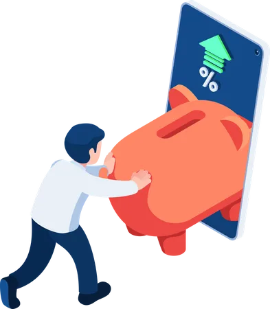Flat 3 D Isometric Businessman Push Piggy Bank Into Smartphone Online Money Saving And Financial Concept Illustration