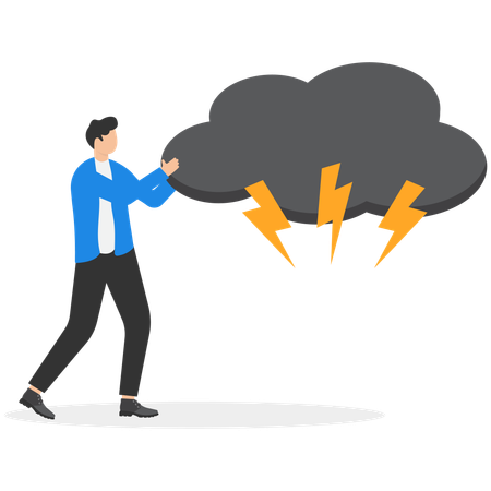 Businessman pushes a black storm cloud  Illustration