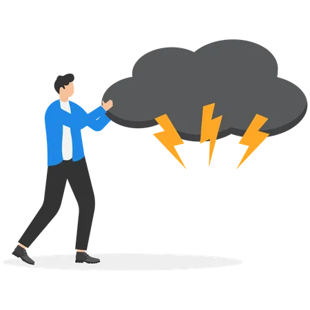 Businessman pushes a black storm cloud  Illustration