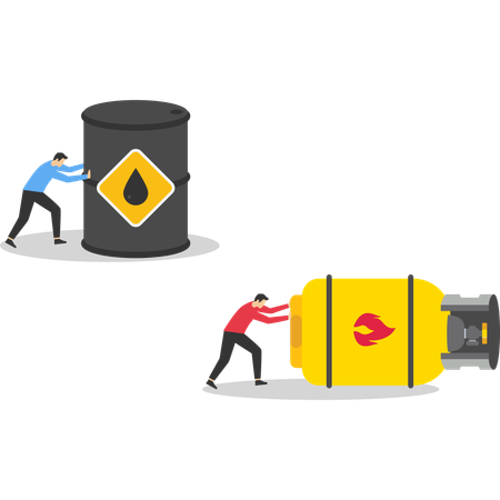 Businessman pushes barrels oil and gas cylinder  Illustration