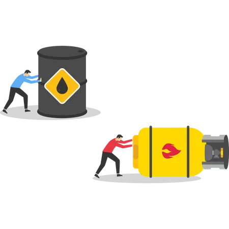 Businessman pushes barrels oil and gas cylinder  Illustration