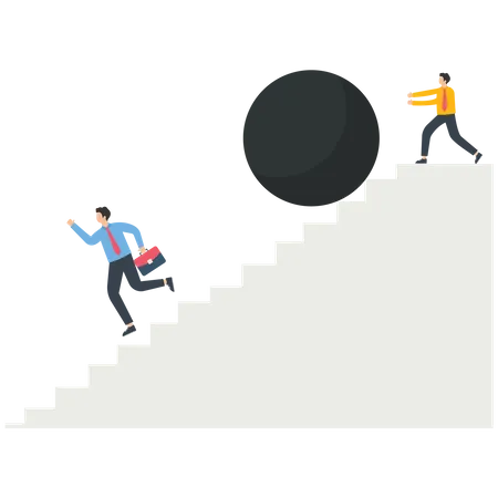 Businessman pushes down huge stone to stop companion on stairs  イラスト