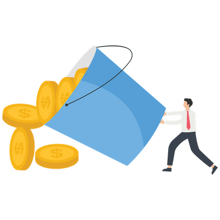 Businessman pushes down vat filled with gold coins  Illustration