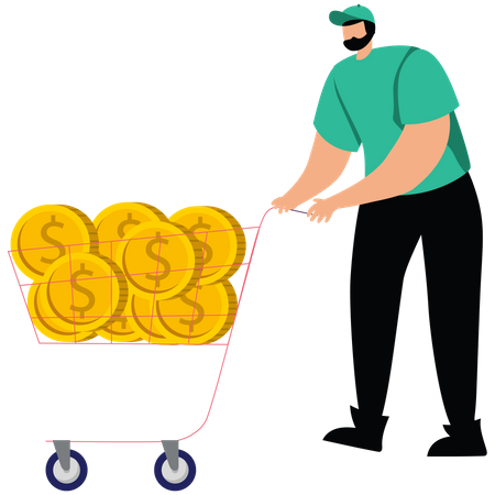 Businessman pushes down vat filled with gold coins  Illustration