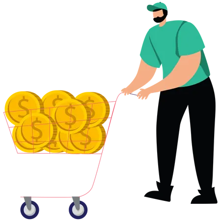 Businessman pushes down vat filled with gold coins  Illustration