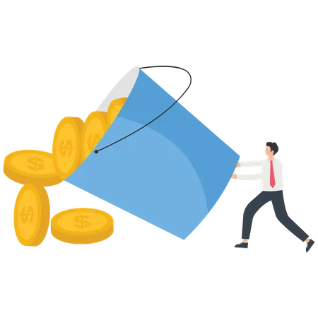 Businessman pushes down vat filled with gold coins  Illustration