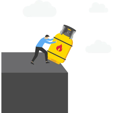 Businessman pushes gas cylinder off cliff into abyss  Illustration