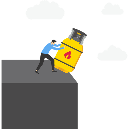 Businessman pushes gas cylinder off cliff into abyss  Illustration