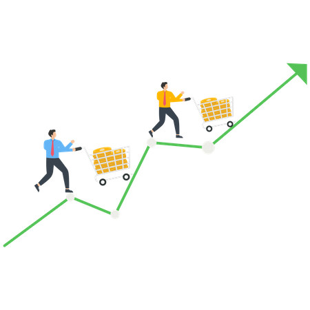 Businessman pushing a trolley full of gold coins running on a rising chart  Illustration