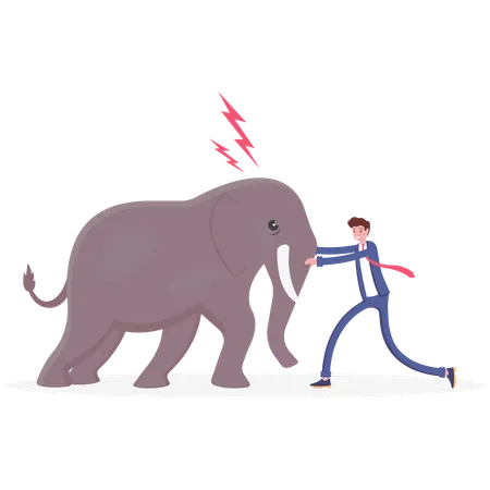 Businessman Pushing Against An Elephant Vector Illustration Cartoon Illustration
