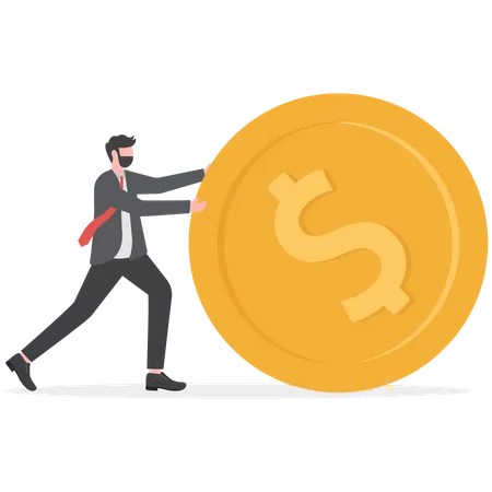 Businessman Pushing Large Golden Coin Growth Income Savings Investment Symbol Of Wealth Business Success Illustration