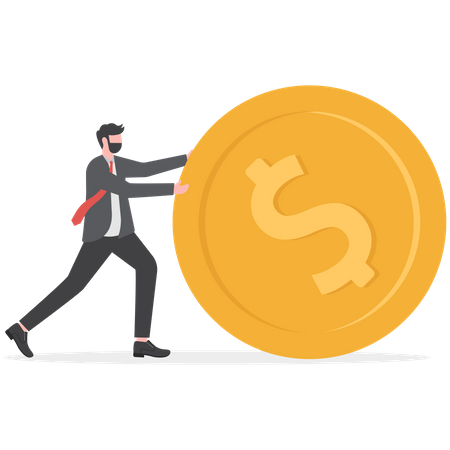 Businessman pushing big golden coin  Illustration