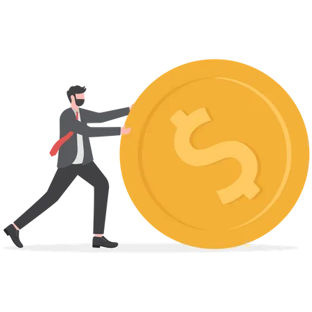 Businessman pushing big golden coin  Illustration