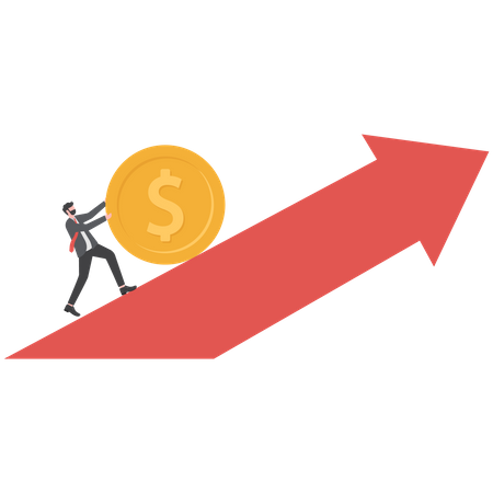 Businessman Pushing Big Golden Coin Up to the Arrow  Illustration