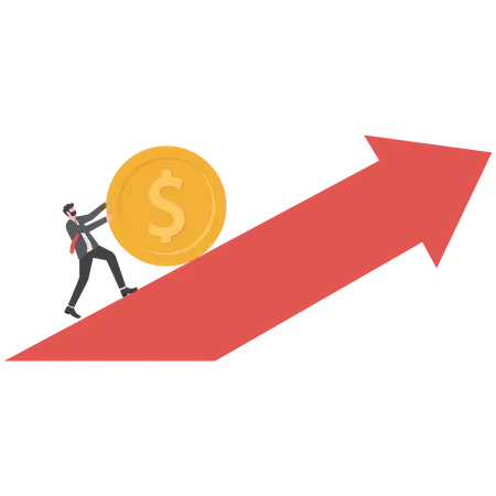 Businessman Pushing Big Golden Coin Up to the Arrow  Illustration