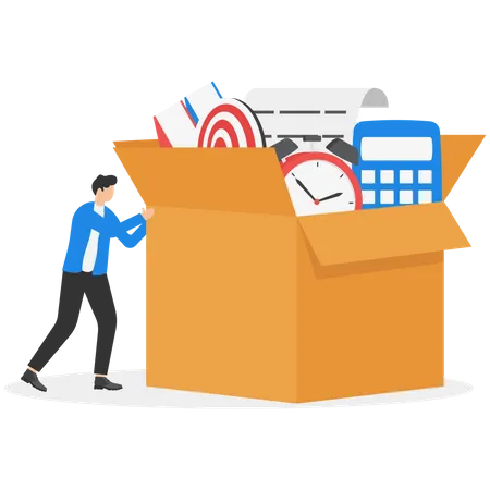 Businessman pushing box with office supplies  Illustration