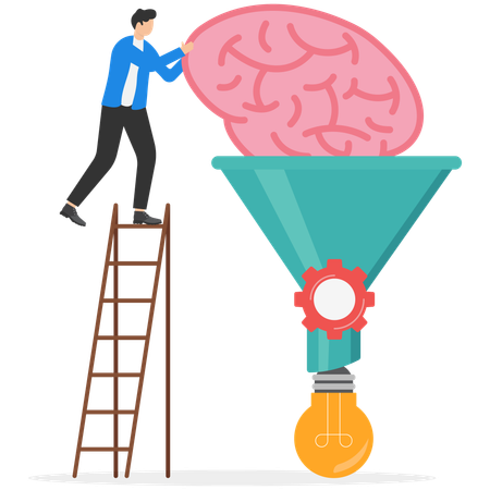 Businessman pushing brain in funnel for creating new ideas  Illustration