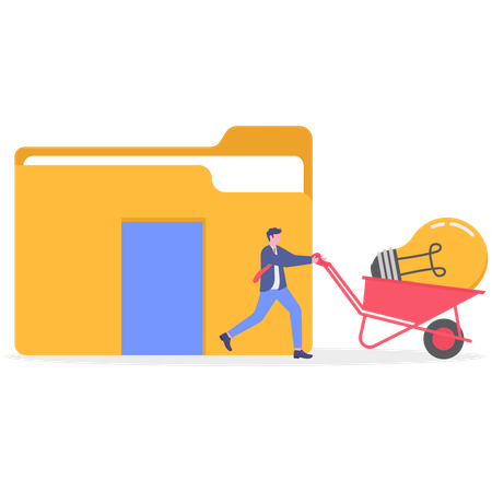 Businessman pushing bulb cart from folder  Illustration