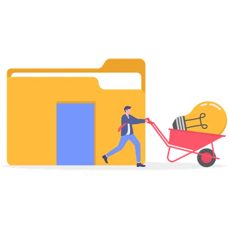 Businessman pushing bulb cart from folder  Illustration