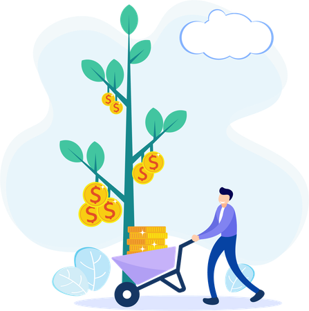 Businessman pushing cart of coins  Illustration