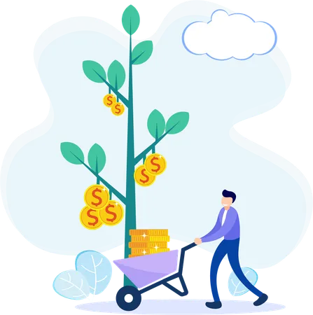 Businessman pushing cart of coins  Illustration