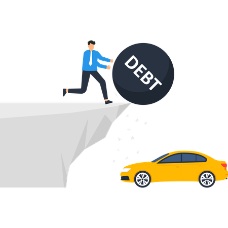 Businessman Pushing Debt Off Cliff Towards Car  Illustration
