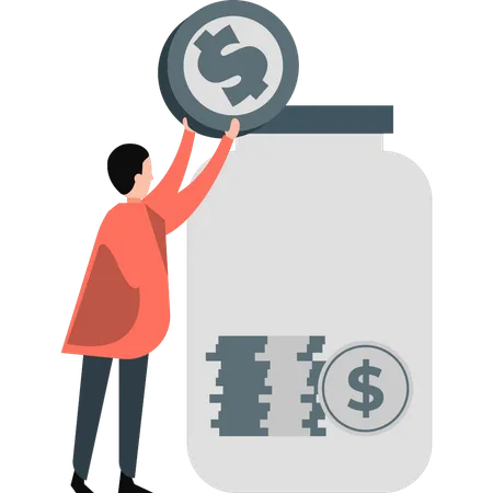 Businessman pushing dollar in dollar jar  Illustration