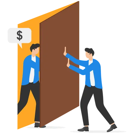 Businessman Pushing Door To Shut Out Hostile Muscular Man Demanding For Money Vector Illustration On Personal Finance And Debt Collection Concept 일러스트레이션