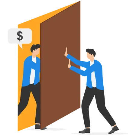 Businessman pushing door to shut out hostile  Illustration