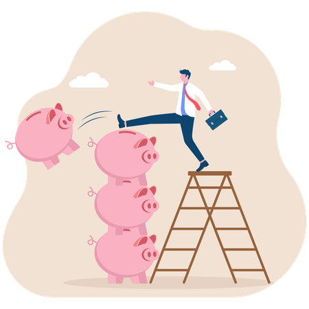 Businessman pushing down piggy bank  Illustration