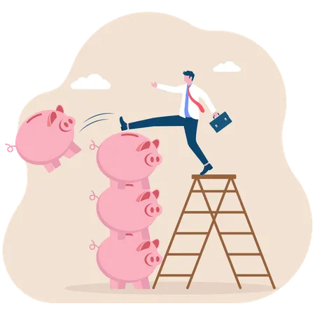 Businessman pushing down piggy bank  Illustration